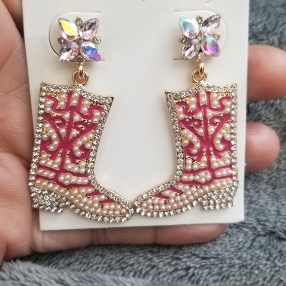 Rose Pink Gold Cowgirl Boots Western Earrings Pearls & Rhinestone Rodeo - Picture 3 of 5